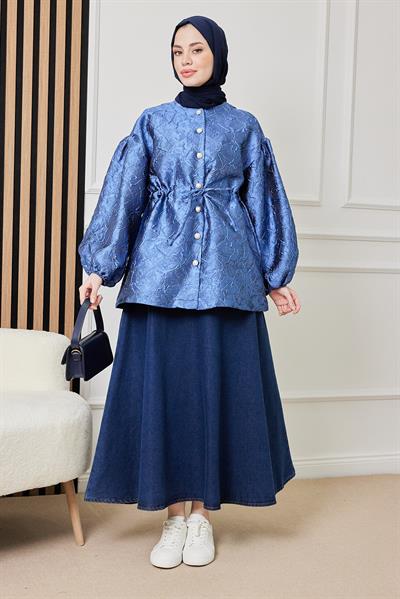 İnci Düğmeli Tasarım Ceket - MAVİ