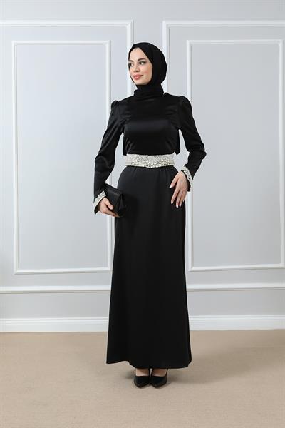 İnci Tasarımlı Abiye - Siyah