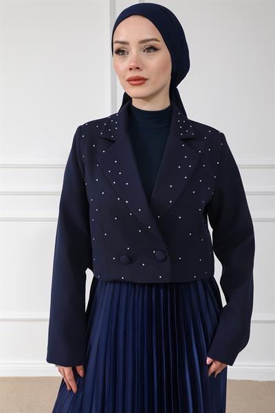 Işıltılı Crop Ceket - LACİVERT