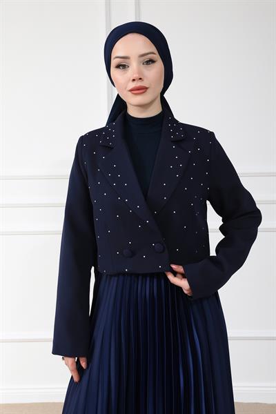 Işıltılı Crop Ceket - LACİVERT