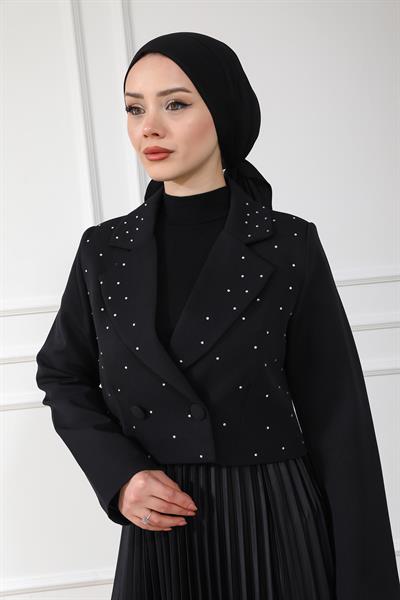 Işıltılı Crop Ceket - SİYAH