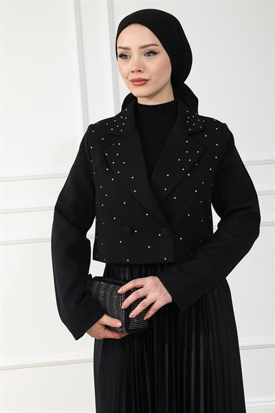 Işıltılı Crop Ceket - SİYAH