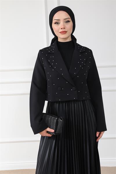 Işıltılı Crop Ceket - SİYAH