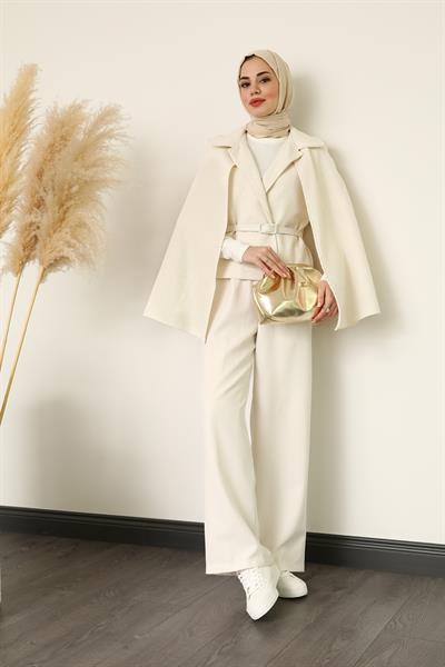 Işıltılı Pelerin Ceket - Krem