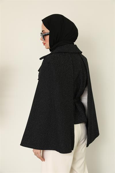 Işıltılı Pelerin Ceket - Siyah 