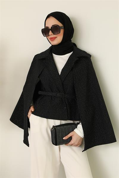 Işıltılı Pelerin Ceket - Siyah 