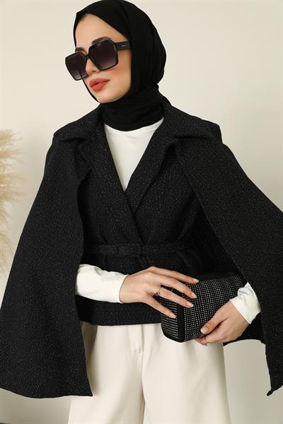 Işıltılı Pelerin Ceket - Siyah 