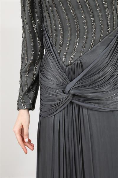 İşlemeli Şifon Abiye - Gri