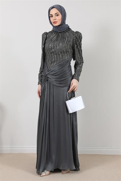 İşlemeli Şifon Abiye - Gri