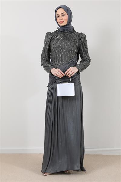 İşlemeli Şifon Abiye - Gri
