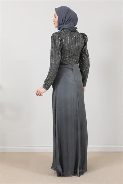 İşlemeli Şifon Abiye - Gri