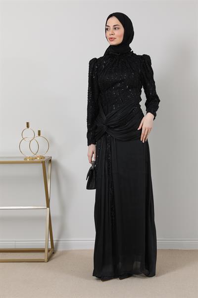 İşlemeli Şifon Abiye - Siyah