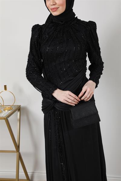 İşlemeli Şifon Abiye - Siyah