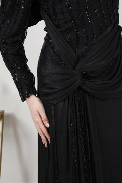 İşlemeli Şifon Abiye - Siyah
