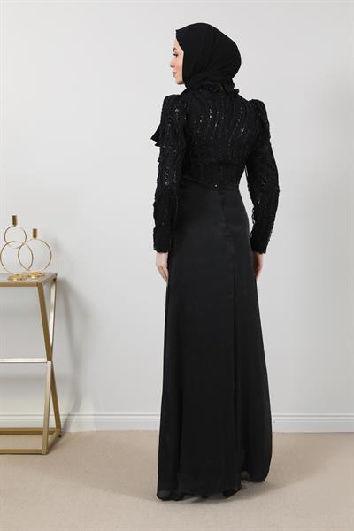 İşlemeli Şifon Abiye - Siyah