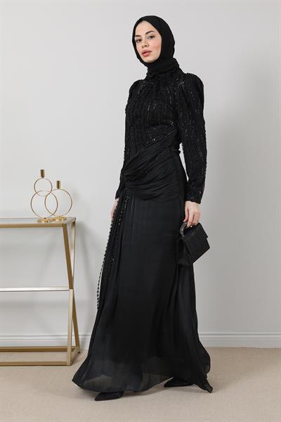 İşlemeli Şifon Abiye - Siyah