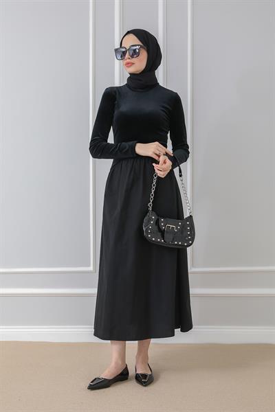 Kadife Detaylı Elbise - Siyah