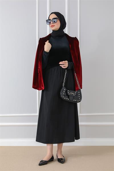 Kadife Detaylı Elbise - Siyah