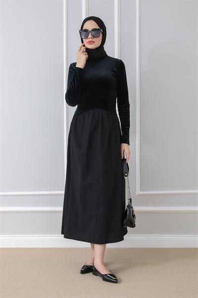 Kadife Detaylı Elbise - Siyah