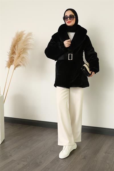 Kadife Kürk Detaylı Mont - Siyah