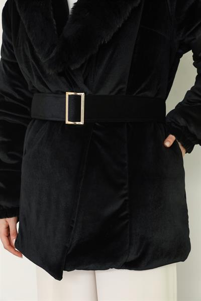 Kadife Kürk Detaylı Mont - Siyah