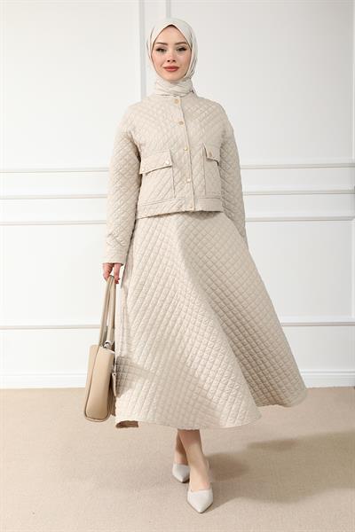 Kapitone Etekli Takım - Krem