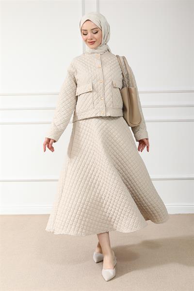 Kapitone Etekli Takım - Krem