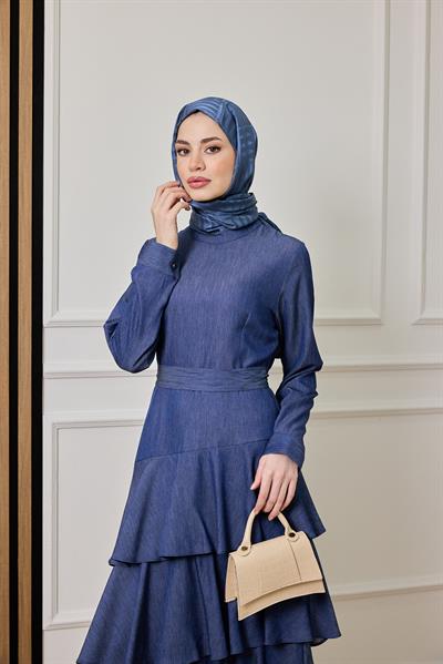 Katlı Kot Elbise - MAVİ