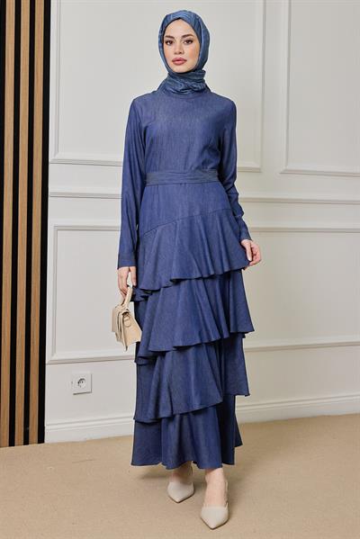 Katlı Kot Elbise - MAVİ