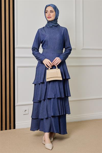 Katlı Kot Elbise - MAVİ