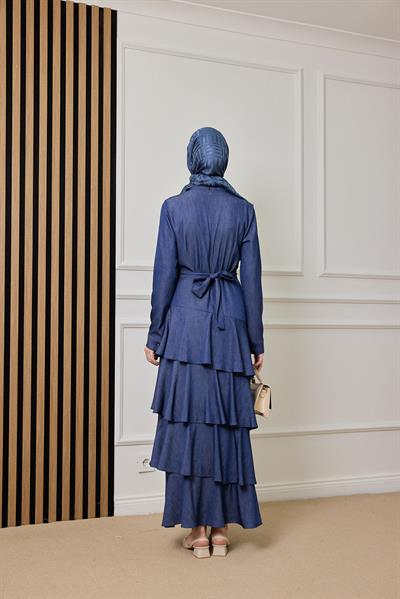 Katlı Kot Elbise - MAVİ