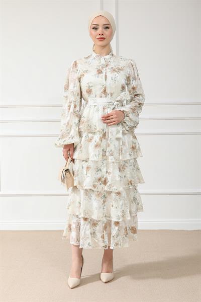 Katlı Uzun Elbise - Krem