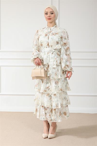 Katlı Uzun Elbise - Krem