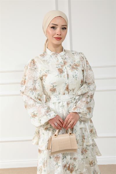 Katlı Uzun Elbise - Krem