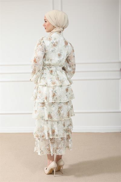 Katlı Uzun Elbise - Krem