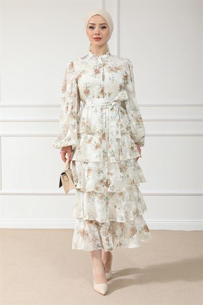 Katlı Uzun Elbise - Krem