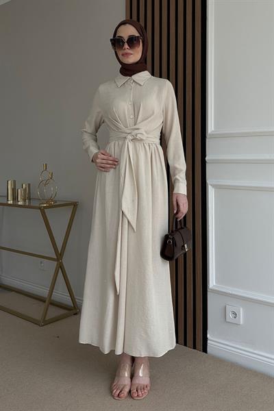 Keten Bağlamalı Elbise - KREM