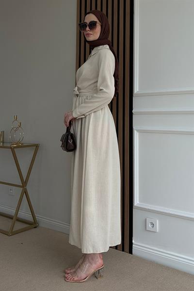 Keten Bağlamalı Elbise - KREM