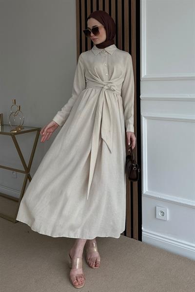 Keten Bağlamalı Elbise - KREM
