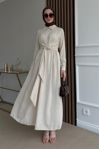 Keten Bağlamalı Elbise - KREM
