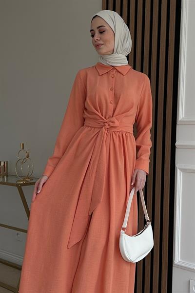 Keten Bağlamalı Elbise - PEMBE