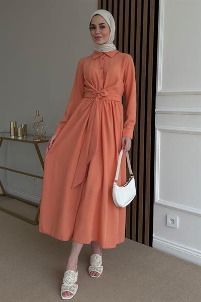 Keten Bağlamalı Elbise - PEMBE