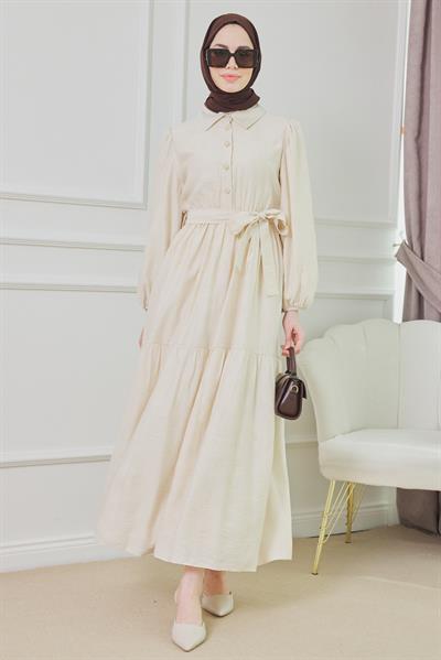 Keten Gömlek Elbise - Krem
