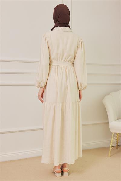 Keten Gömlek Elbise - Krem