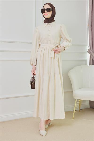 Keten Gömlek Elbise - Krem