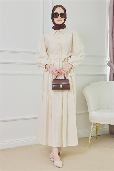 Keten Gömlek Elbise - Krem