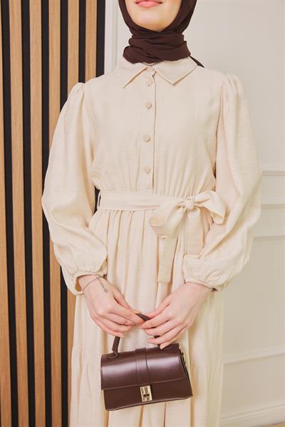 Keten Gömlek Elbise - Krem