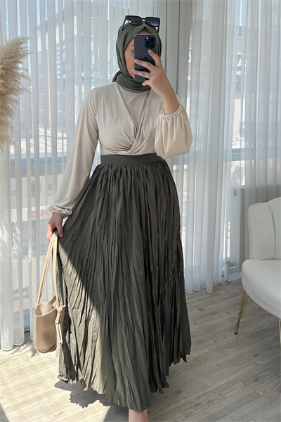 Kırışık Desen Maxi Etek - Haki