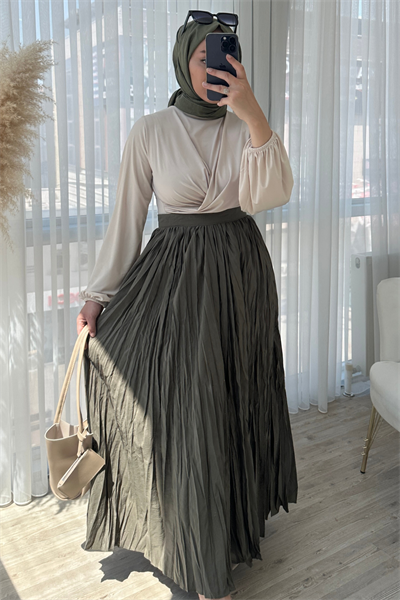 Kırışık Desen Maxi Etek - Haki