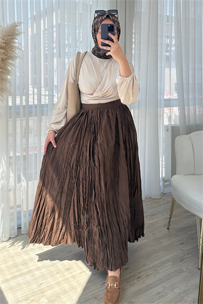 Kırışık Desen Maxi Etek - Kahverengi